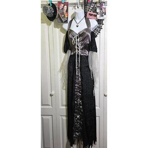 Sexy Vampire Costume Dress Spirit Fangs Gothic Hand Fan Nails Bat Necklace Adult